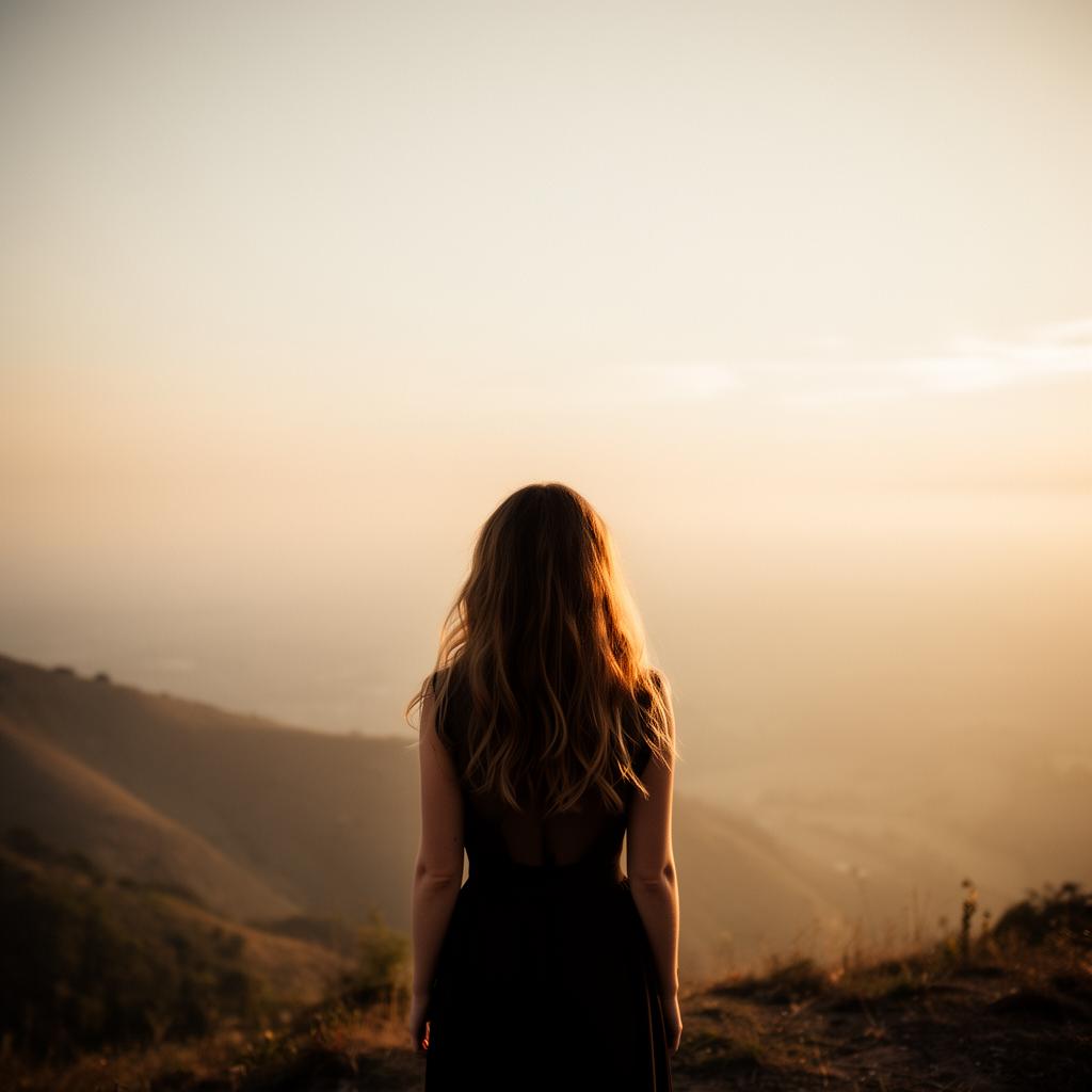 A woman standing at dawn looking toward a golden horizon