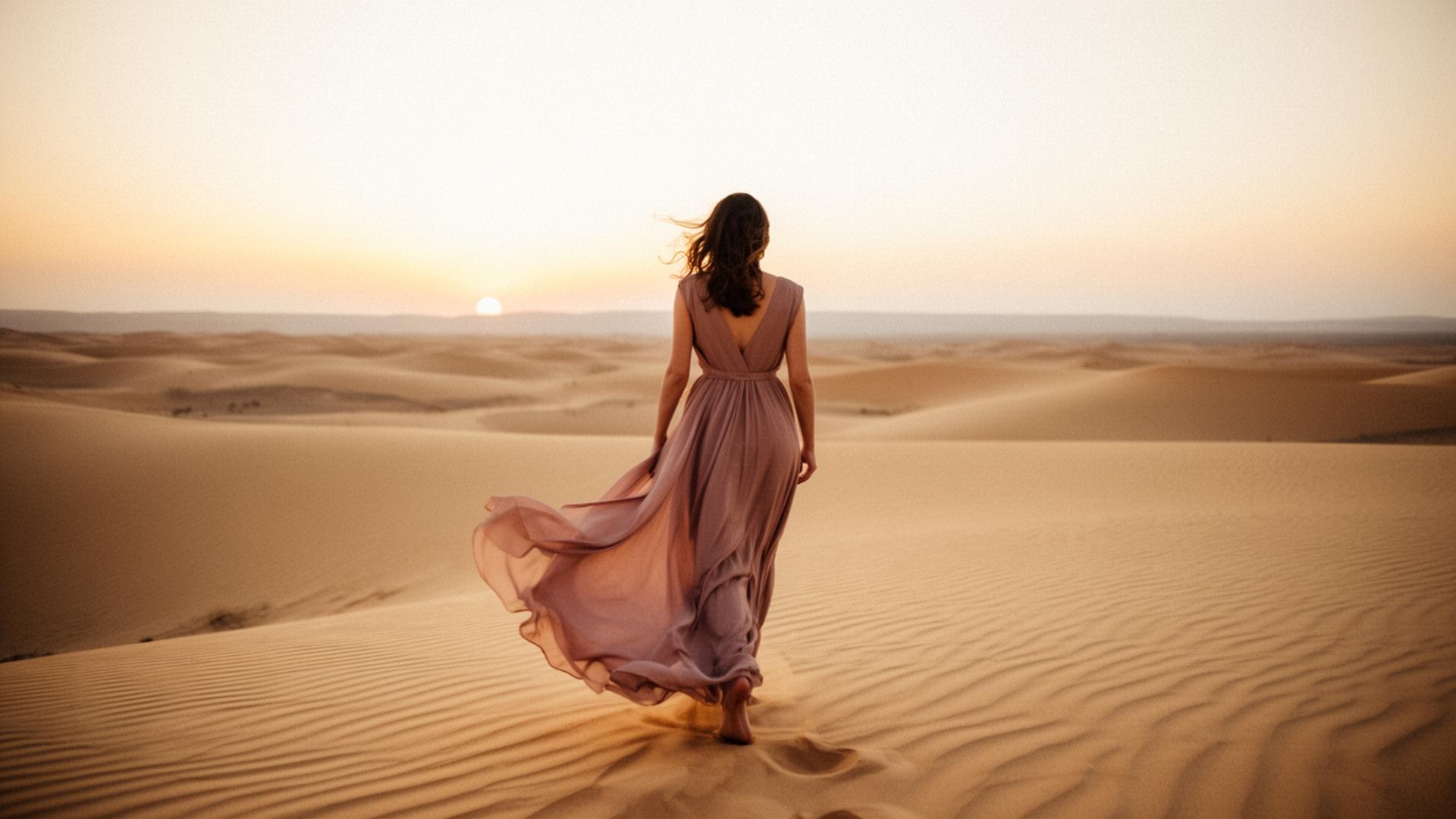 A woman walking toward the horizon at dawn